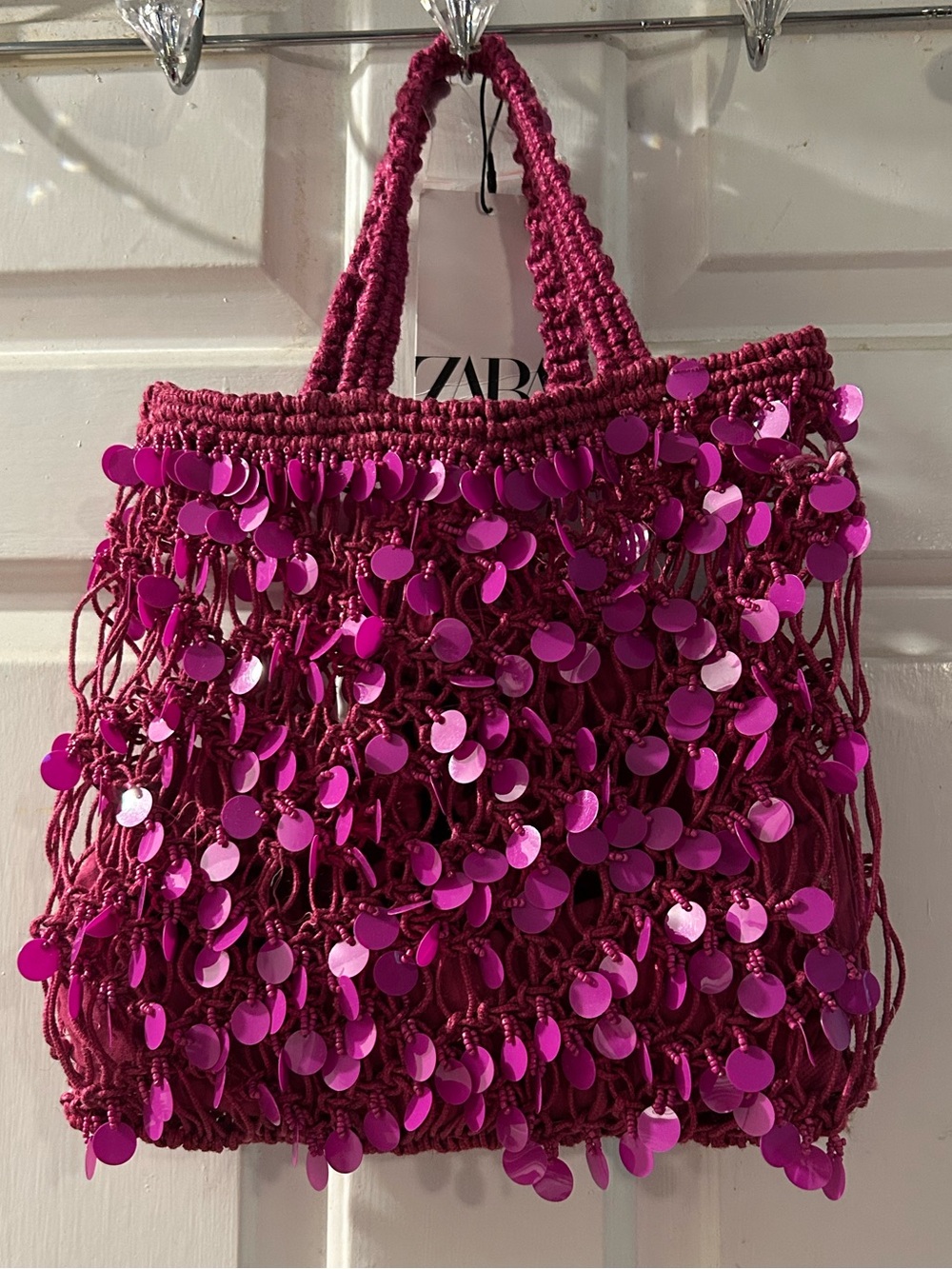 ZARA Fuchsia Sequin Crochet Tote